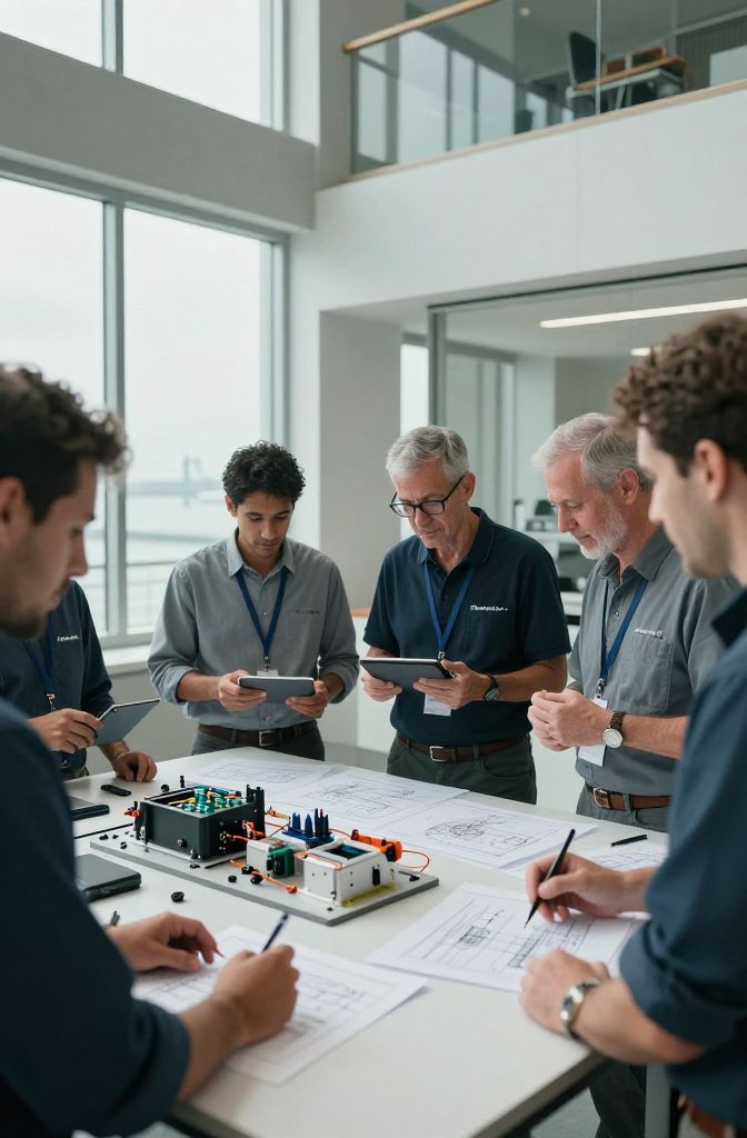 Elektrikli denizcilik ürünleri ve teknik çizimler üzerinde çalışan ekip