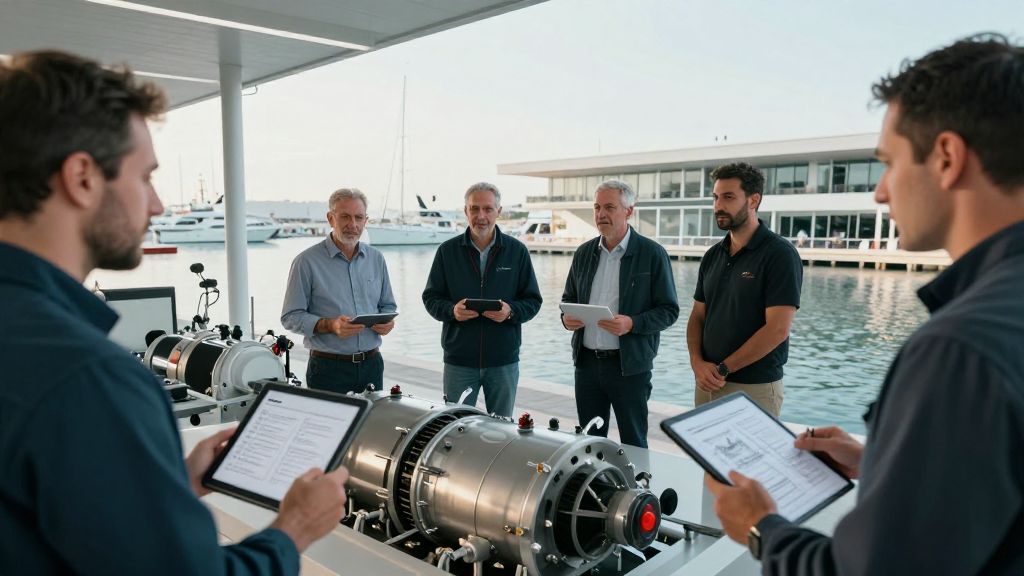 Elektrikli denizcilik sistemlerini inceleyen teknik ekip